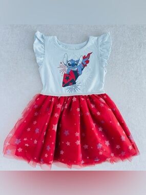 Disney Stitch Girls Size 5 Patriotic 4th of July Tulle Dress Red White Blue NWOT